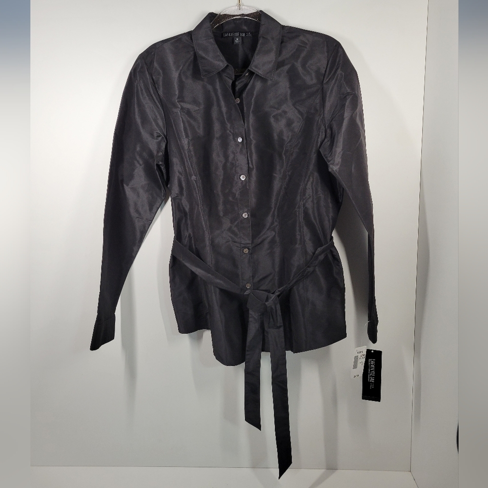 NWT Lafayette 148 Black 100% Silk Button Up Belted Long Sleeve Blouse Women 14